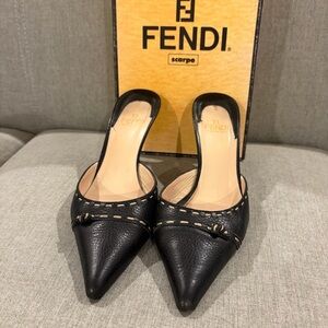 Fendi Vintage Kitten Heels - Black Leather Stitched Heels - Size 37 / 7